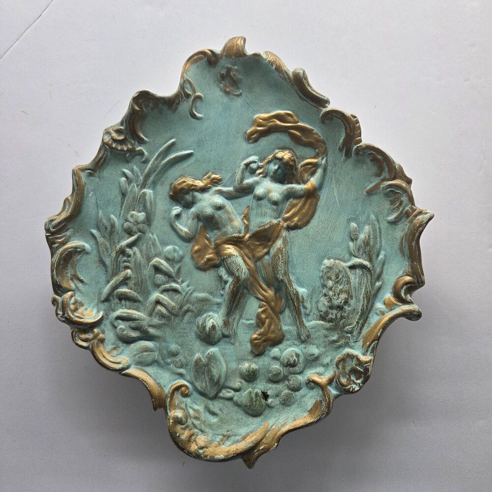 Vintage Chalkware Rococo Putti Wall Plaque Teal Gold Gilt Cherubs 10x9